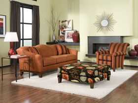 Living room with well arranged orange furniture.